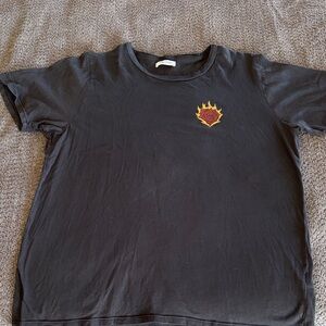 Lauren Moshi Black Tee with Red Rose and Yellow Flame Chest Graphic